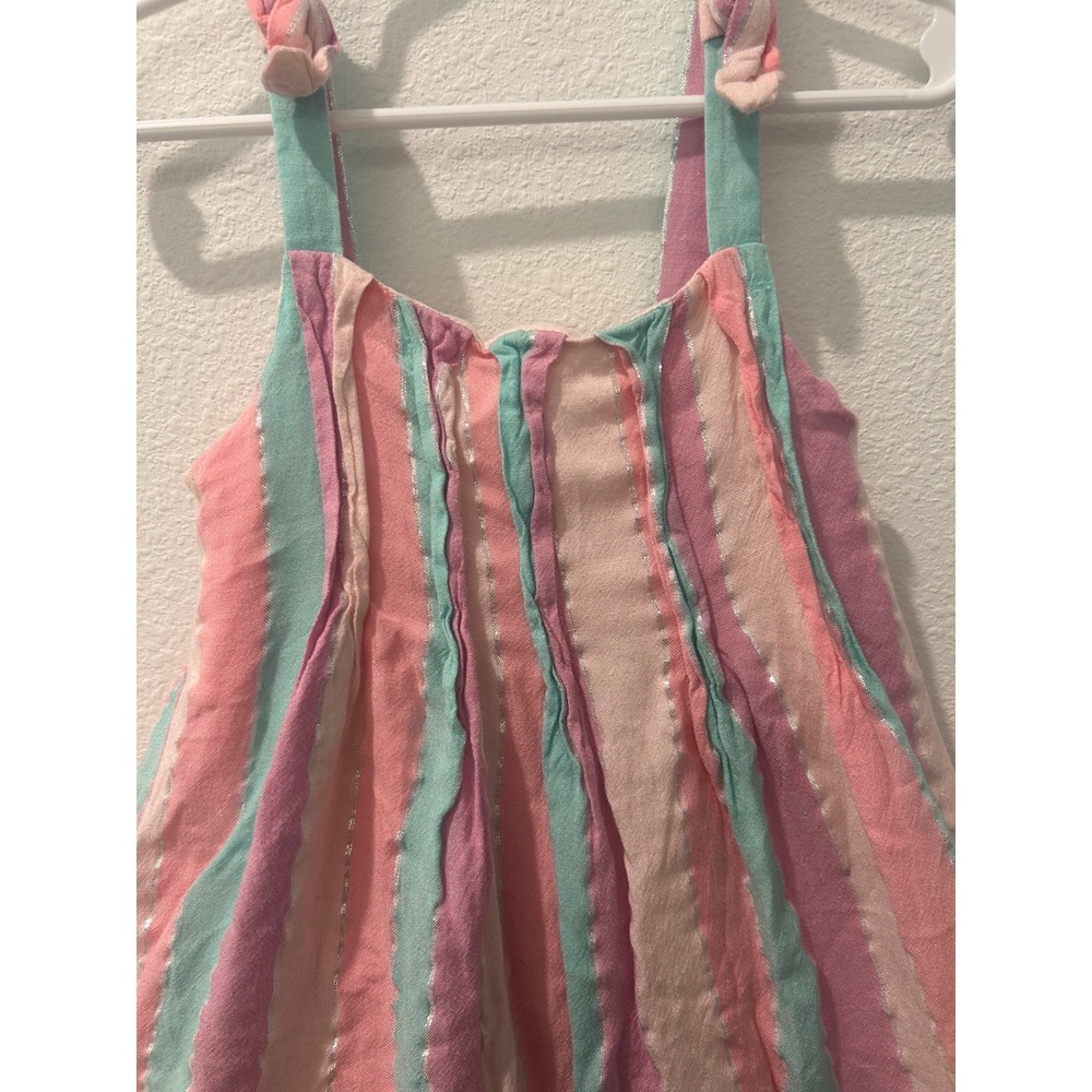 Flapdoodles Girls 4T Striped Sundress Pink Teal Silver Metallic Ruffle Straps - Picture 2 of 7